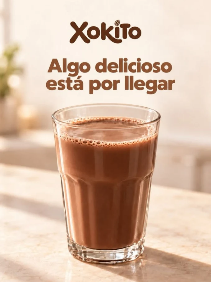 Vaso de bebida sabor chocolate con el logotipo de Xokito y el mensaje: Algo delicioso está por llegar