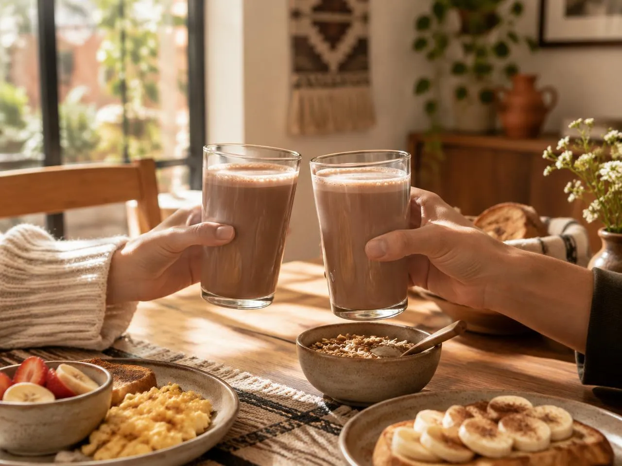 Mesa de desayuno en casa con vasos de bebida sabor chocolate para compartir